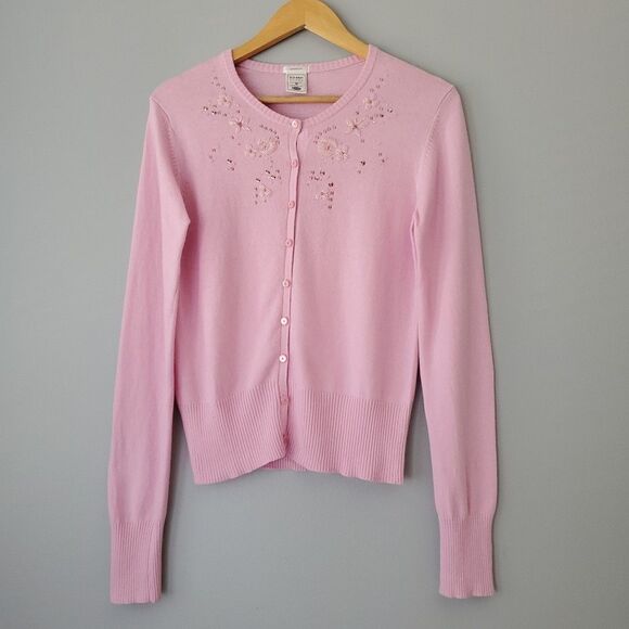 Old Navy Pink Floral Sequin Long Sleeve Button Up Cardigan Sweater Womens Medium - Picture 1 of 8